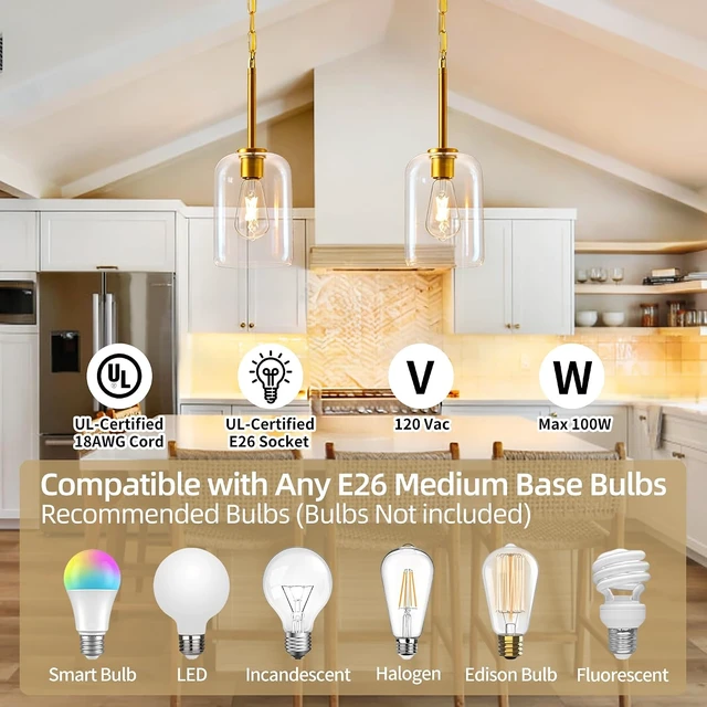 Alt view image 6 of 7 - Plug in Pendant Light with Clear Glass Shade, 15FT Cord & 11.8FT Chain, Adjustable Hanging Light, Inline On/Off Switch, Hanging Lamp for Kitchen Island, Bedroom, Dining Room, Living Room