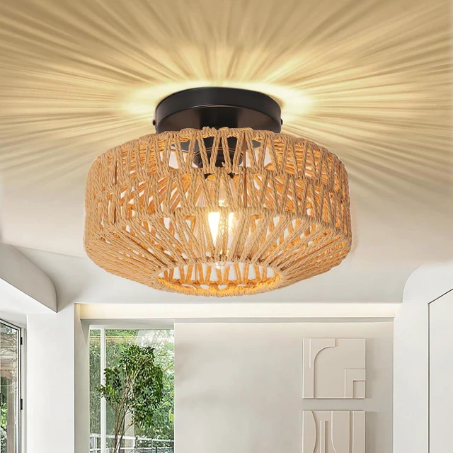 Main image of Handwoven Jute Rope Semi-Flush Mount Ceiling Light, 11-inch Boho Farmhouse Pendant with Natural Fiber Shade, E26 Base for LED/Incandescent Bulbs - Hanging Fixture for Bedroom Kitchen Hallway Entryway