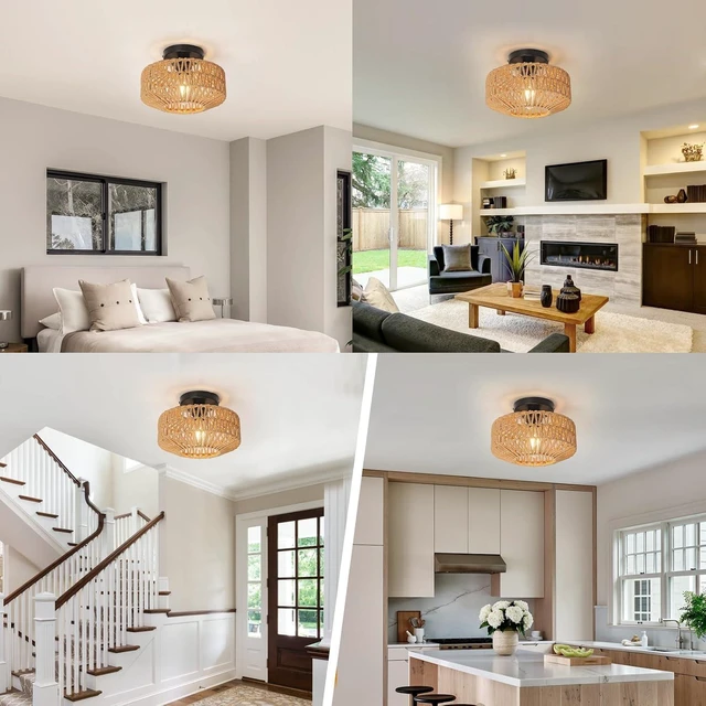 Alt view image 3 of 7 - Handwoven Jute Rope Semi-Flush Mount Ceiling Light, 11-inch Boho Farmhouse Pendant with Natural Fiber Shade, E26 Base for LED/Incandescent Bulbs - Hanging Fixture for Bedroom Kitchen Hallway Entryway