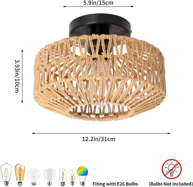 Alt view image 4 of 7 - Handwoven Jute Rope Semi-Flush Mount Ceiling Light, 11-inch Boho Farmhouse Pendant with Natural Fiber Shade, E26 Base for LED/Incandescent Bulbs - Hanging Fixture for Bedroom Kitchen Hallway Entryway