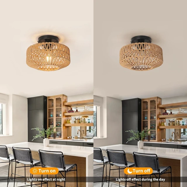 Alt view image 6 of 7 - Handwoven Jute Rope Semi-Flush Mount Ceiling Light, 11-inch Boho Farmhouse Pendant with Natural Fiber Shade, E26 Base for LED/Incandescent Bulbs - Hanging Fixture for Bedroom Kitchen Hallway Entryway