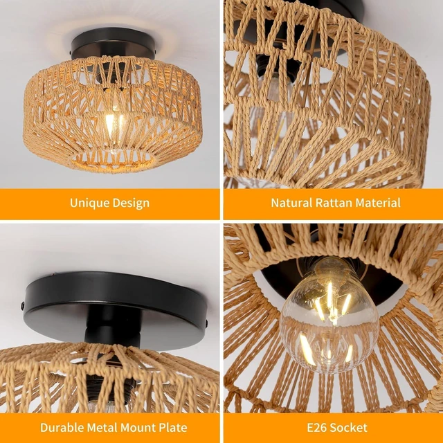 Alt view image 5 of 7 - Handwoven Jute Rope Semi-Flush Mount Ceiling Light, 11-inch Boho Farmhouse Pendant with Natural Fiber Shade, E26 Base for LED/Incandescent Bulbs - Hanging Fixture for Bedroom Kitchen Hallway Entryway