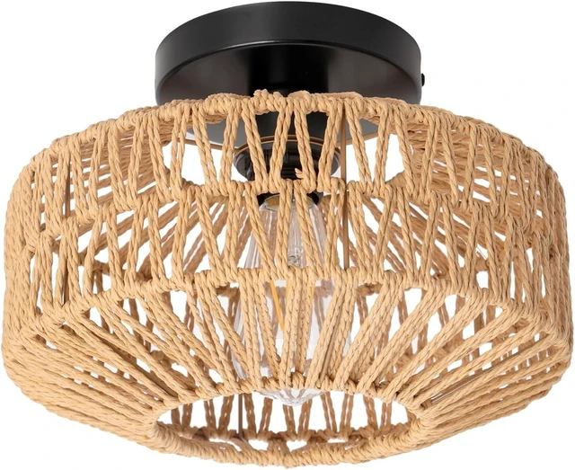 Alt view image 7 of 7 - Handwoven Jute Rope Semi-Flush Mount Ceiling Light, 11-inch Boho Farmhouse Pendant with Natural Fiber Shade, E26 Base for LED/Incandescent Bulbs - Hanging Fixture for Bedroom Kitchen Hallway Entryway