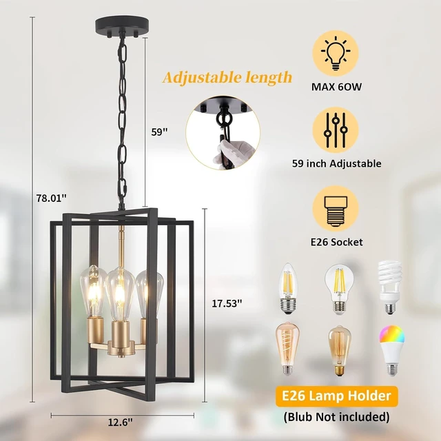 Alt view image 2 of 7 - Black Gold Chandelier for Dining Room, Modern Farmhouse 3 Light Entryway Pendant Light Fixture Adjustable Geometric Industrial Rustic Foyer Light for Living Room Kitchen Island Hallway Bedroom