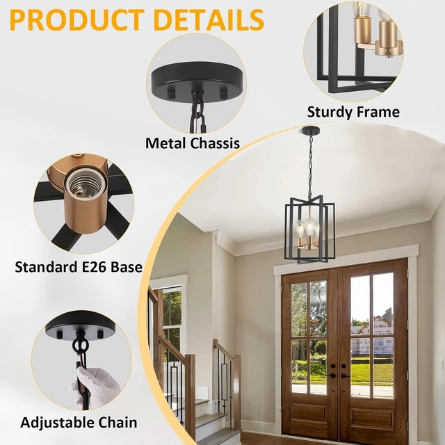 Alt view image 3 of 7 - Black Gold Chandelier for Dining Room, Modern Farmhouse 3 Light Entryway Pendant Light Fixture Adjustable Geometric Industrial Rustic Foyer Light for Living Room Kitchen Island Hallway Bedroom