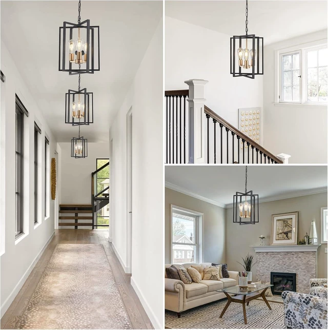 Alt view image 7 of 7 - Black Gold Chandelier for Dining Room, Modern Farmhouse 3 Light Entryway Pendant Light Fixture Adjustable Geometric Industrial Rustic Foyer Light for Living Room Kitchen Island Hallway Bedroom
