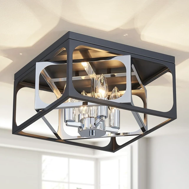 Main image of Modern 4-Light Square Flush Mount Ceiling Light | Black & Chrome Industrial Chandelier | E12 Socket Ceiling Fixture for Dining Room, Living Room, Bedroom, Entryway (12.6" x 12.6" x 10.7")