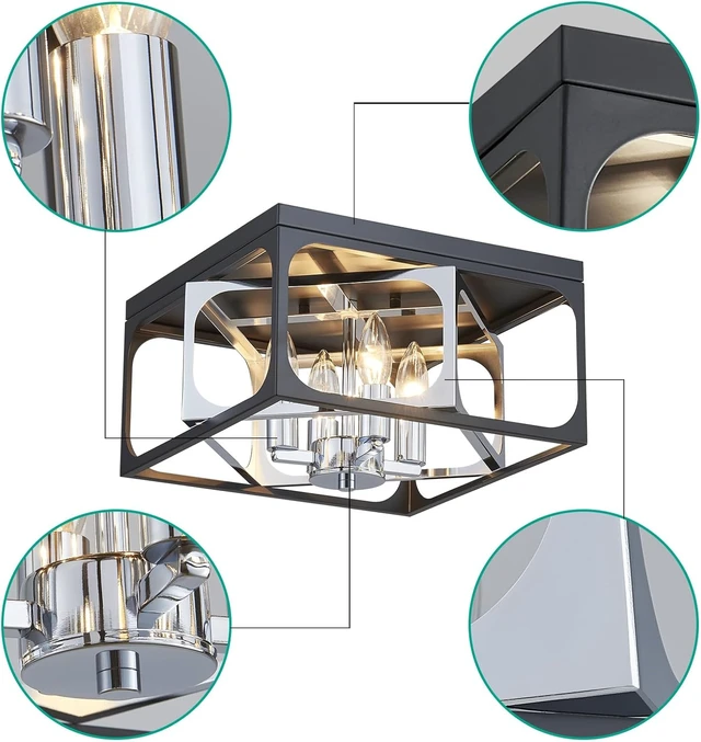 Alt view image 2 of 7 - Modern 4-Light Square Flush Mount Ceiling Light | Black & Chrome Industrial Chandelier | E12 Socket Ceiling Fixture for Dining Room, Living Room, Bedroom, Entryway (12.6" x 12.6" x 10.7")