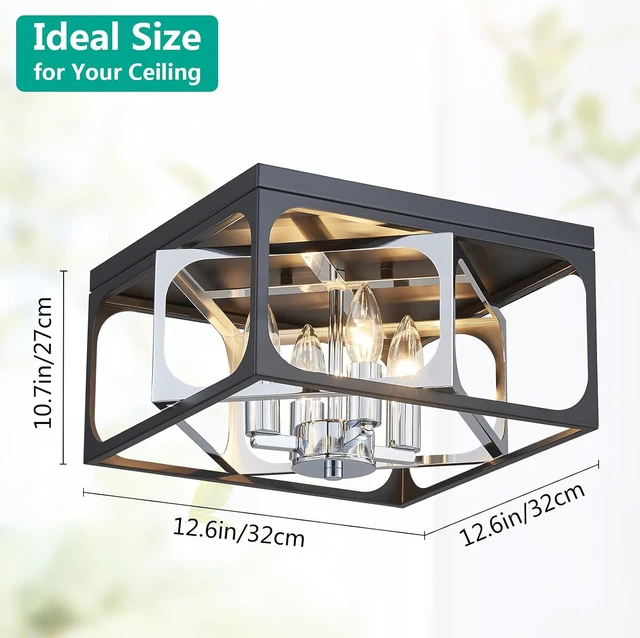 Alt view image 3 of 7 - Modern 4-Light Square Flush Mount Ceiling Light | Black & Chrome Industrial Chandelier | E12 Socket Ceiling Fixture for Dining Room, Living Room, Bedroom, Entryway (12.6" x 12.6" x 10.7")