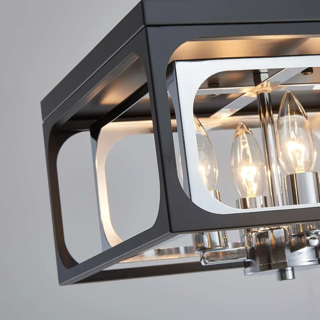 Alt view image 4 of 7 - Modern 4-Light Square Flush Mount Ceiling Light | Black & Chrome Industrial Chandelier | E12 Socket Ceiling Fixture for Dining Room, Living Room, Bedroom, Entryway (12.6" x 12.6" x 10.7")