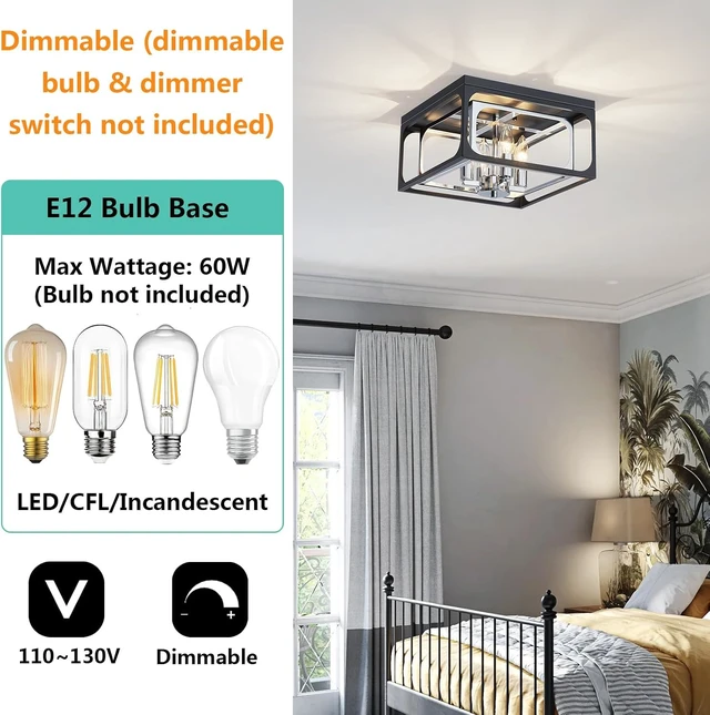 Alt view image 5 of 7 - Modern 4-Light Square Flush Mount Ceiling Light | Black & Chrome Industrial Chandelier | E12 Socket Ceiling Fixture for Dining Room, Living Room, Bedroom, Entryway (12.6" x 12.6" x 10.7")