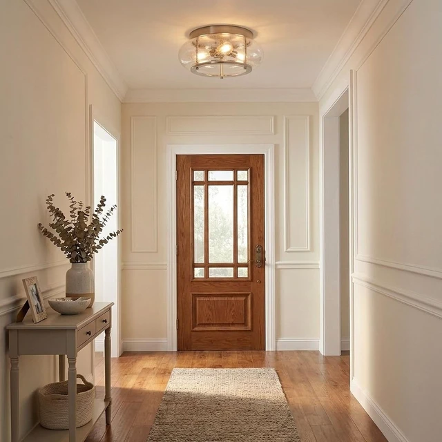 Alt view image 2 of 7 - Quoizel Trilogy Flush Mount Ceiling Light Fixture, 16 Inch 3-Light Brushed Nickel Close to Ceiling Light Fixtures with Clear Seeded Glass for Hallway, Kitchen, Bedroom, Dining, Living Room or Office