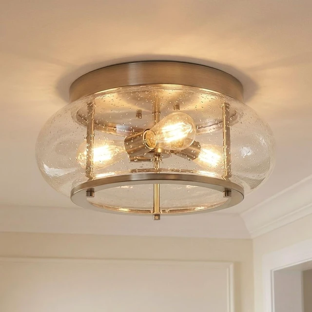 Alt view image 3 of 7 - Quoizel Trilogy Flush Mount Ceiling Light Fixture, 16 Inch 3-Light Brushed Nickel Close to Ceiling Light Fixtures with Clear Seeded Glass for Hallway, Kitchen, Bedroom, Dining, Living Room or Office