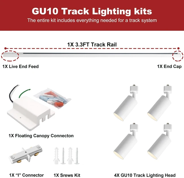 Alt view image 2 of 7 - 4-Light LED Track Lighting Kit with 3.3FT H Type Track Lighting Rails and Floating Canopy Connector, Modern Kitchen GU10 Track Lighting Fixtures Ceiling Spot Light, White (No Bulbs)