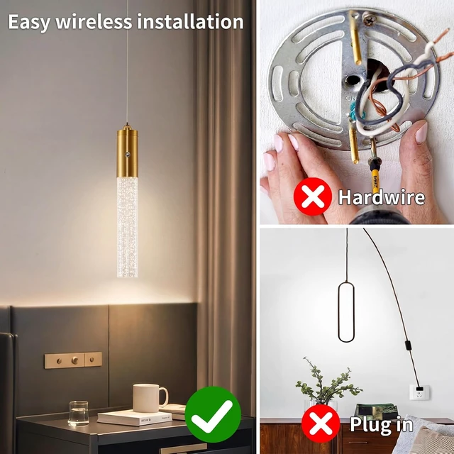 Alt view image 5 of 7 - Battery Operated Pendant Light, Battery Hanging Pendant Light, Wireless Adjustable Rechargeable Chandelier for Kitchen Island Dining Room Hallway, No Wiring (Gold,1 Pack)