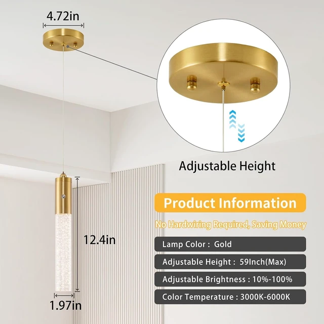Alt view image 6 of 7 - Battery Operated Pendant Light, Battery Hanging Pendant Light, Wireless Adjustable Rechargeable Chandelier for Kitchen Island Dining Room Hallway, No Wiring (Gold,1 Pack)
