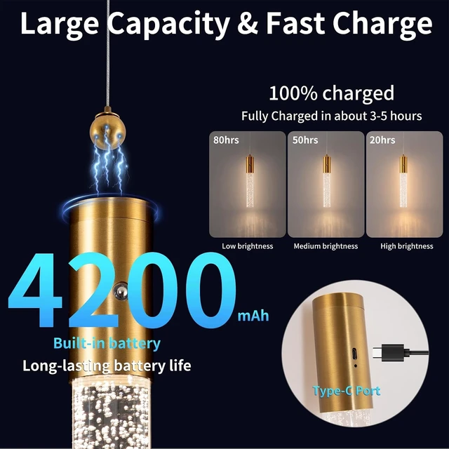 Alt view image 4 of 7 - Battery Operated Pendant Light, Battery Hanging Pendant Light, Wireless Adjustable Rechargeable Chandelier for Kitchen Island Dining Room Hallway, No Wiring (Gold,1 Pack)