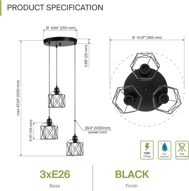 Alt view image 2 of 7 - ASD Black Pendant Light Fixture - 3xE26 120V ETL Modern Pendant Lights Kitchen Island, Industrial Hallway, Living Room, Kitchen Island Lighting, Hanging Dining Room Light Fixtures Over Table