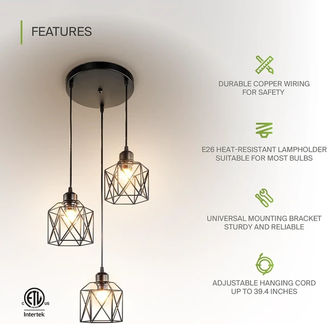 Alt view image 3 of 7 - ASD Black Pendant Light Fixture - 3xE26 120V ETL Modern Pendant Lights Kitchen Island, Industrial Hallway, Living Room, Kitchen Island Lighting, Hanging Dining Room Light Fixtures Over Table