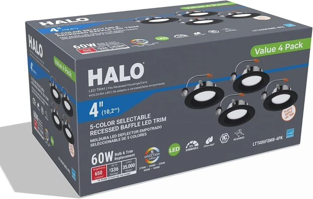 Alt view image 7 of 7 - HALO LT 4 inch LED recessed Can Light Trim 5CCT dimmable 685lm Black 4PK