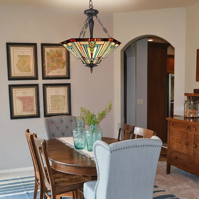 Alt view image 6 of 7 - Tiffany Pendant Light Fixtures 22" Large Stained Glass Hanging Lamp