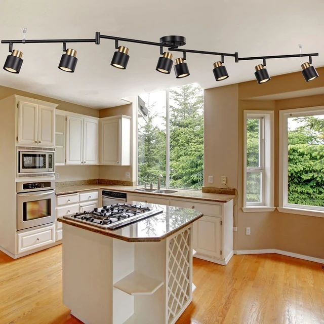 Alt view image 7 of 7 - 8 Light Foldable Track Lighting Kit, Matt Black Brass Finish Adjustable with Moden Flush Mount Ceiling Spotlight for Kitchen,Dining,Living Room,Home Improvement