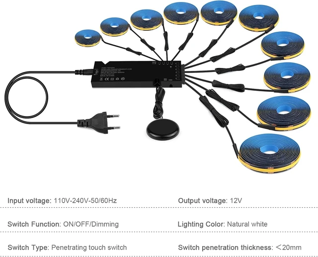 Alt view image 5 of 7 - 12V LED Cabinet Lighting Kit 10pcs Self-Adhesive Cuttable 6.56Ft 4000K