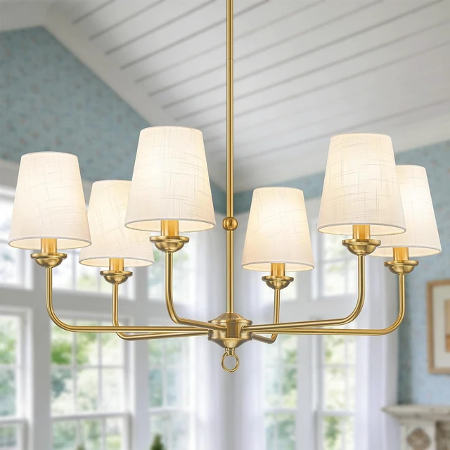 Main image of Brushed Gold Antique Chandelier for Dining Room with White Fabric Shade