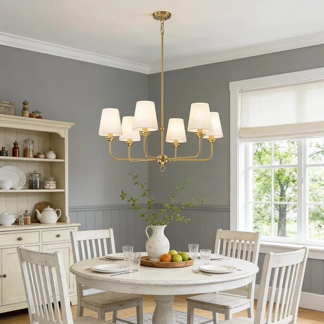 Alt view image 2 of 7 - Brushed Gold Antique Chandelier for Dining Room with White Fabric Shade