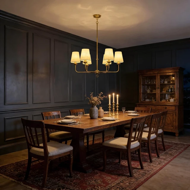 Alt view image 4 of 7 - Brushed Gold Antique Chandelier for Dining Room with White Fabric Shade