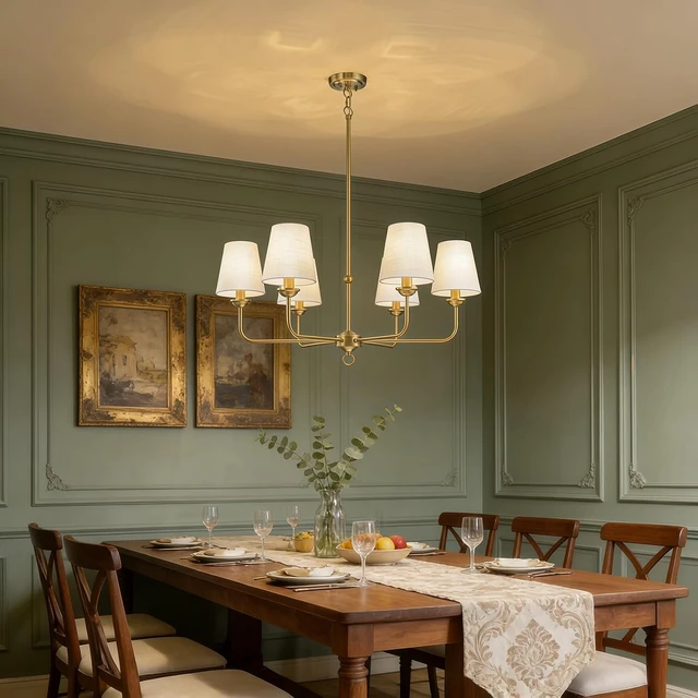 Alt view image 3 of 7 - Brushed Gold Antique Chandelier for Dining Room with White Fabric Shade