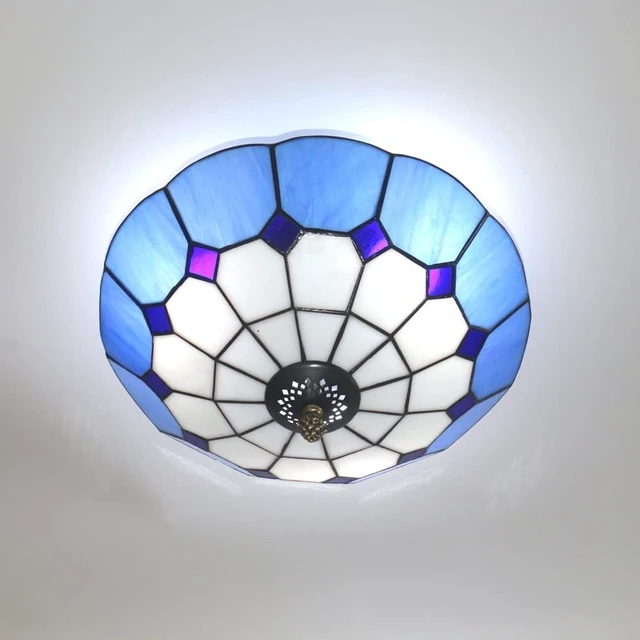 Alt view image 2 of 7 - 12 inch Vintage Tiffany Style Glass Flush Mount Ceiling Lighting Fixtures Retro Rural Pastoral Classical Lamp LED Chandelier Semi Flush Mount Lights Lamps (12 Inch Blue A)