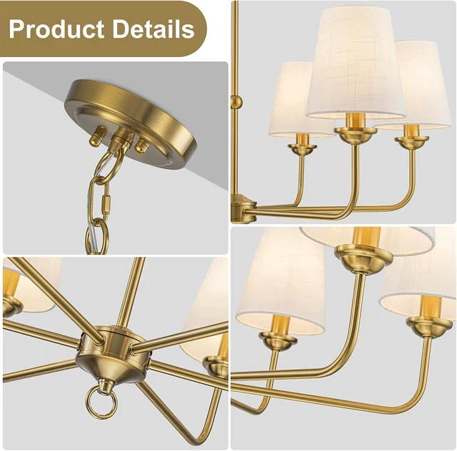 Alt view image 6 of 7 - Brushed Gold Antique Chandelier for Dining Room with White Fabric Shade