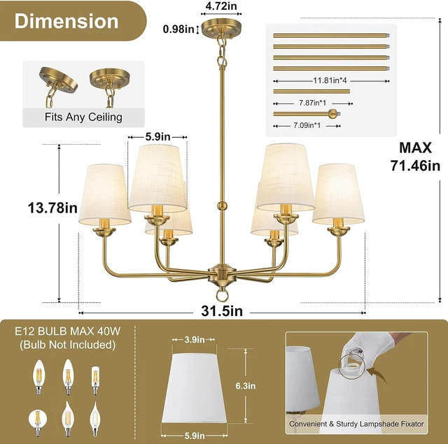 Alt view image 7 of 7 - Brushed Gold Antique Chandelier for Dining Room with White Fabric Shade
