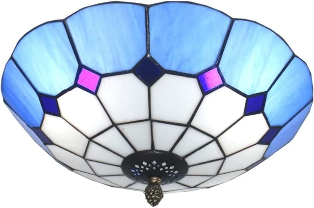Alt view image 6 of 7 - 12 inch Vintage Tiffany Style Glass Flush Mount Ceiling Lighting Fixtures Retro Rural Pastoral Classical Lamp LED Chandelier Semi Flush Mount Lights Lamps (12 Inch Blue A)
