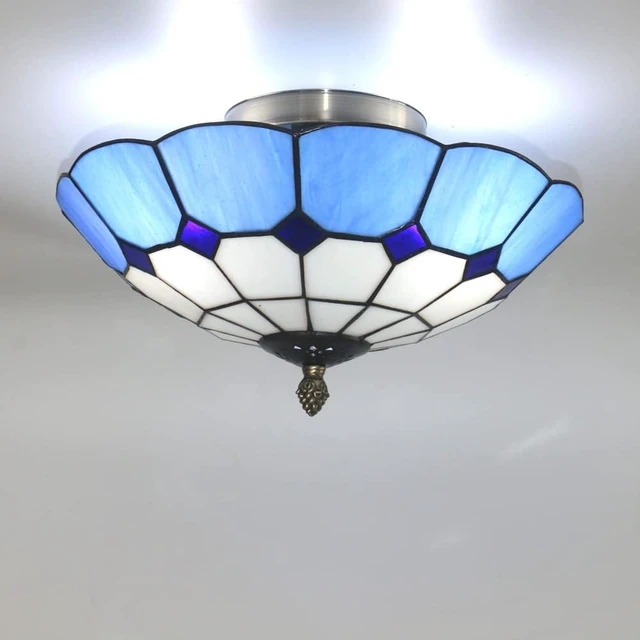 Alt view image 7 of 7 - 12 inch Vintage Tiffany Style Glass Flush Mount Ceiling Lighting Fixtures Retro Rural Pastoral Classical Lamp LED Chandelier Semi Flush Mount Lights Lamps (12 Inch Blue A)