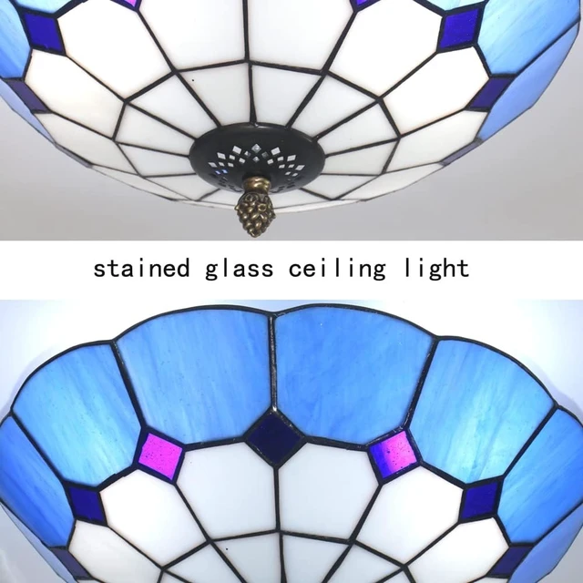 Alt view image 5 of 7 - 12 inch Vintage Tiffany Style Glass Flush Mount Ceiling Lighting Fixtures Retro Rural Pastoral Classical Lamp LED Chandelier Semi Flush Mount Lights Lamps (12 Inch Blue A)
