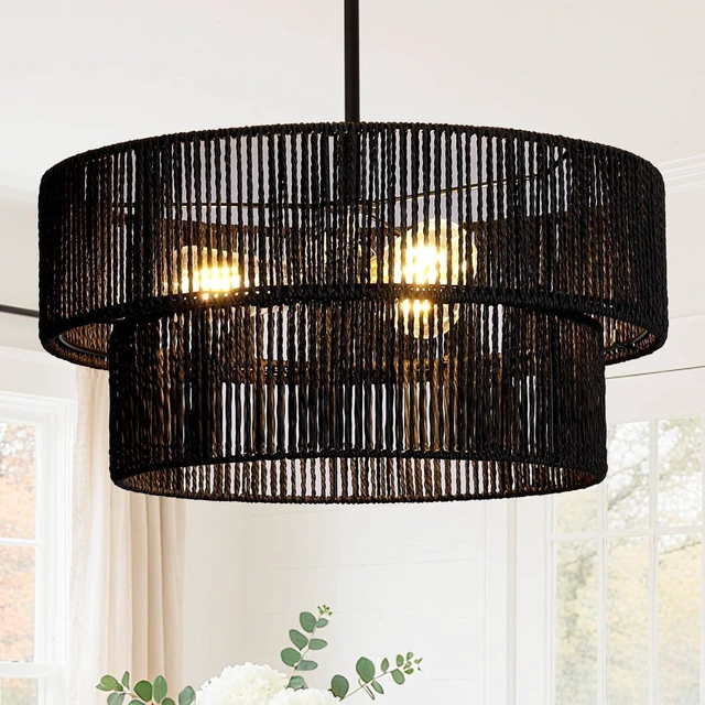 Main image of Black Boho Rattan Chandelier 18'' Hand Woven Chandelier Light Fixture 3-Light Farmhouse Drum Pendant Light for Dining Room Bedroom Kitchen Hallway Foyer