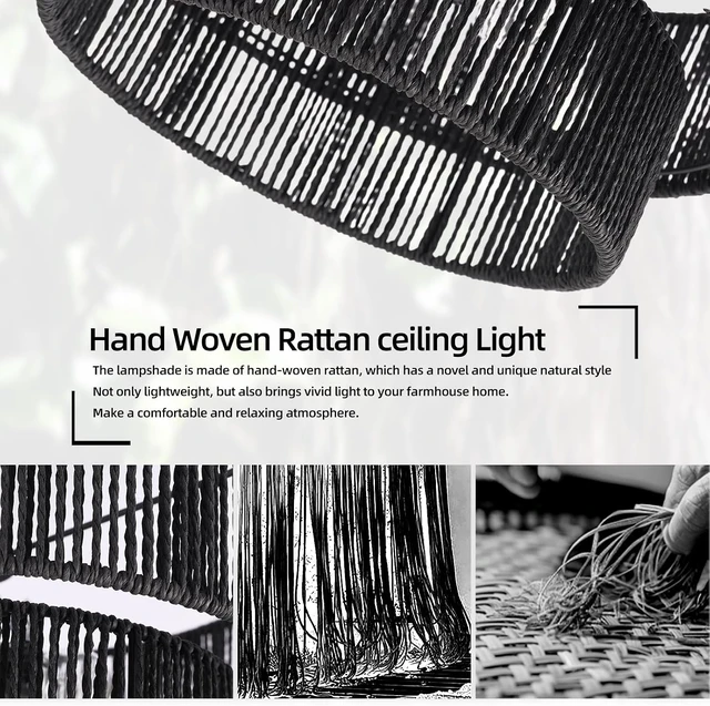 Alt view image 2 of 7 - Black Boho Rattan Chandelier 18'' Hand Woven Chandelier Light Fixture 3-Light Farmhouse Drum Pendant Light for Dining Room Bedroom Kitchen Hallway Foyer