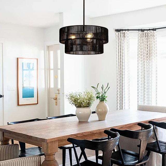 Alt view image 3 of 7 - Black Boho Rattan Chandelier 18'' Hand Woven Chandelier Light Fixture 3-Light Farmhouse Drum Pendant Light for Dining Room Bedroom Kitchen Hallway Foyer