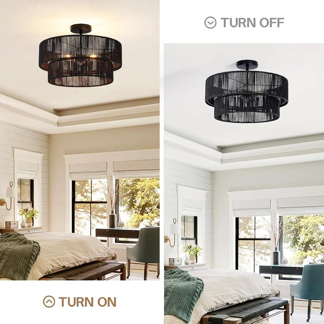 Alt view image 5 of 7 - Black Boho Rattan Chandelier 18'' Hand Woven Chandelier Light Fixture 3-Light Farmhouse Drum Pendant Light for Dining Room Bedroom Kitchen Hallway Foyer
