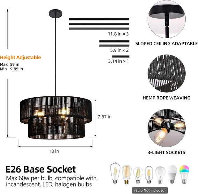 Alt view image 4 of 7 - Black Boho Rattan Chandelier 18'' Hand Woven Chandelier Light Fixture 3-Light Farmhouse Drum Pendant Light for Dining Room Bedroom Kitchen Hallway Foyer