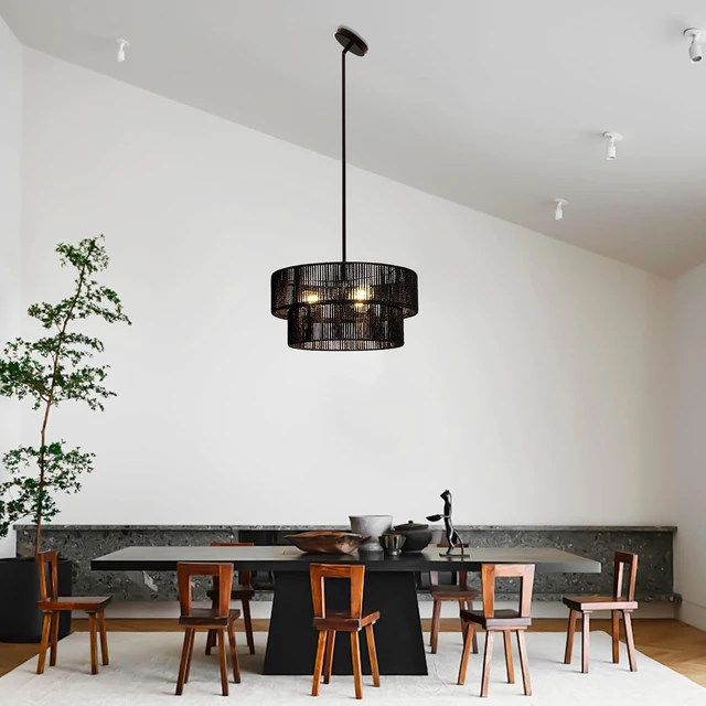 Alt view image 7 of 7 - Black Boho Rattan Chandelier 18'' Hand Woven Chandelier Light Fixture 3-Light Farmhouse Drum Pendant Light for Dining Room Bedroom Kitchen Hallway Foyer