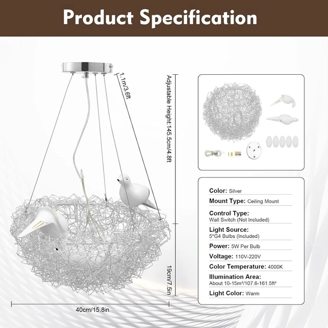 Alt view image 3 of 7 - Bird's Nest Art Pendant Lamp, Creative LED Hanging Ceiling Light, Woven Nest Chandelier for Living, Dining, Study, Bedroom, Silver