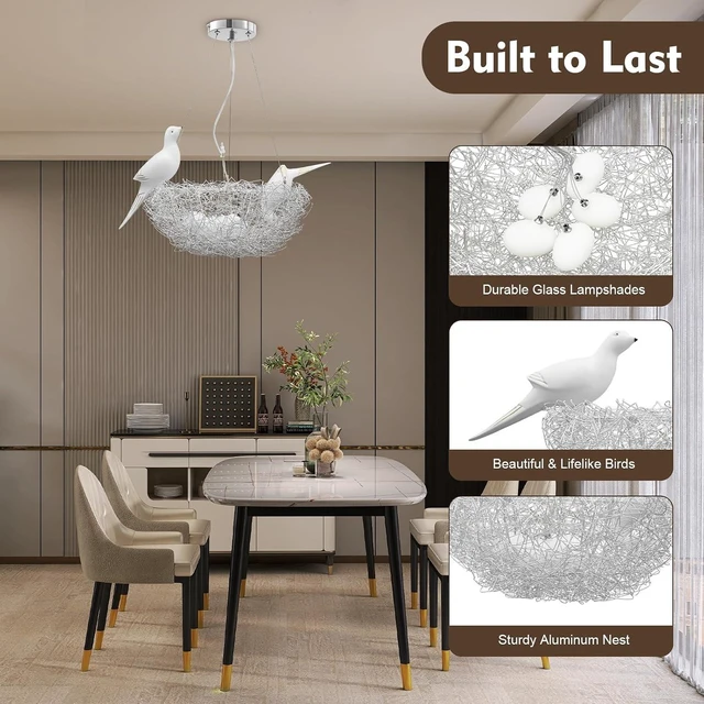 Alt view image 2 of 7 - Bird's Nest Art Pendant Lamp, Creative LED Hanging Ceiling Light, Woven Nest Chandelier for Living, Dining, Study, Bedroom, Silver