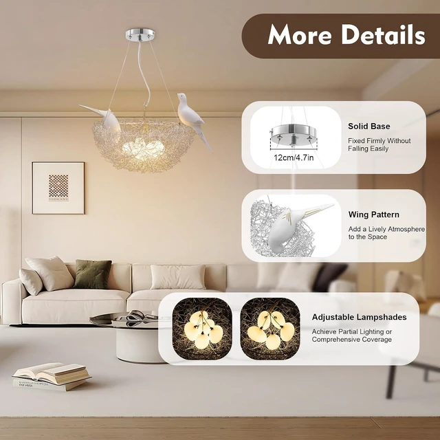 Alt view image 4 of 7 - Bird's Nest Art Pendant Lamp, Creative LED Hanging Ceiling Light, Woven Nest Chandelier for Living, Dining, Study, Bedroom, Silver