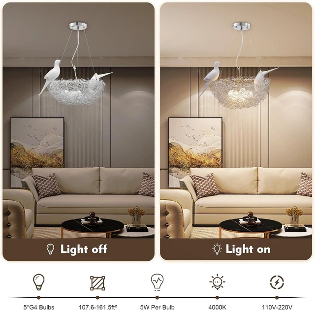 Alt view image 5 of 7 - Bird's Nest Art Pendant Lamp, Creative LED Hanging Ceiling Light, Woven Nest Chandelier for Living, Dining, Study, Bedroom, Silver