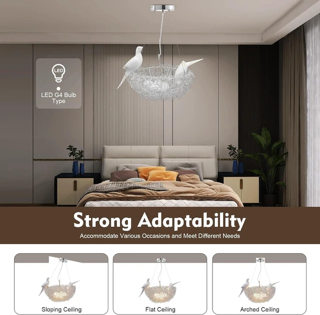 Alt view image 6 of 7 - Bird's Nest Art Pendant Lamp, Creative LED Hanging Ceiling Light, Woven Nest Chandelier for Living, Dining, Study, Bedroom, Silver