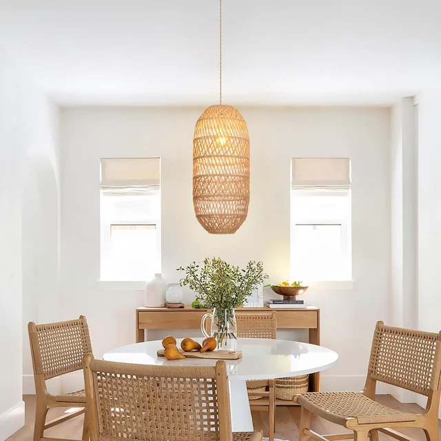 Alt view image 2 of 7 - Rattan Pendant Light FixtureFarmhouse Chandelier Boho Handmade Rattan Hanging Ceiling Lamp Shade, Rustic Cottage Hand Woven Lampshade for Kitchen Island, Living Room, Bedroom, Hallway, Bar
