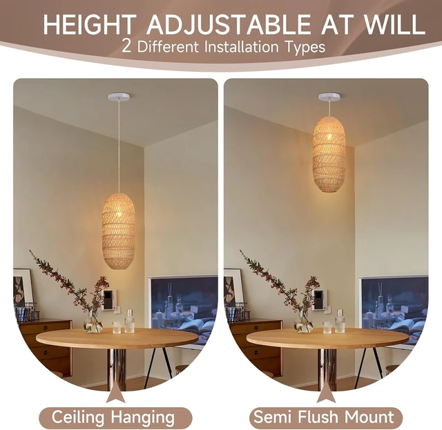 Alt view image 3 of 7 - Rattan Pendant Light FixtureFarmhouse Chandelier Boho Handmade Rattan Hanging Ceiling Lamp Shade, Rustic Cottage Hand Woven Lampshade for Kitchen Island, Living Room, Bedroom, Hallway, Bar